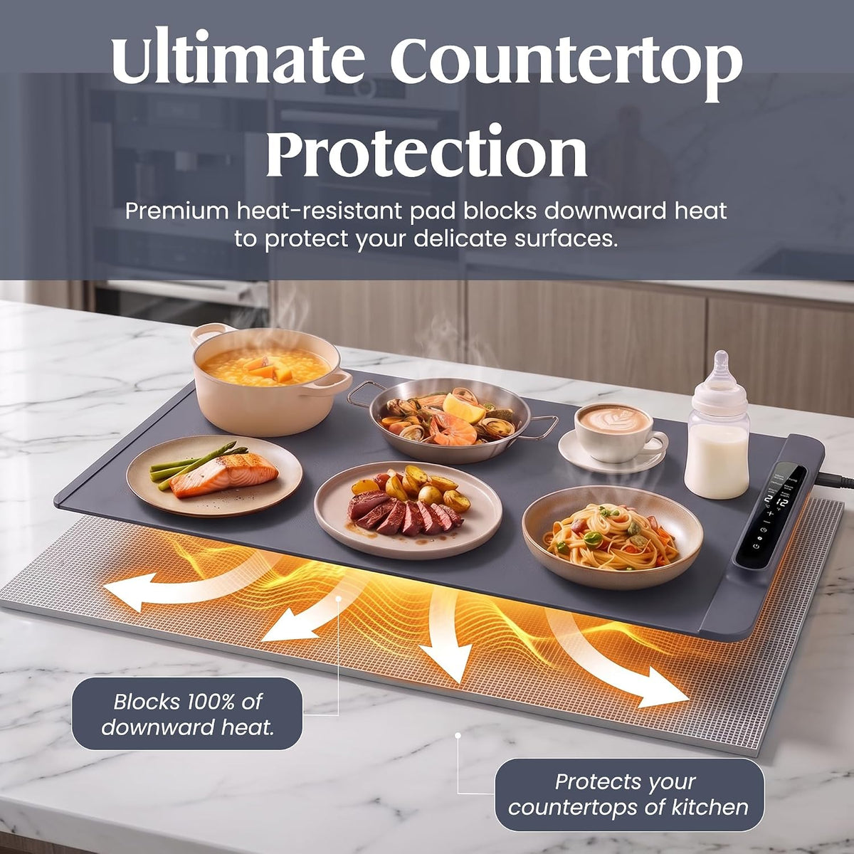 Warming Mat for Food Extra Large - 36”x15” Electric Food Warmer with Heat Resistant Pad, 14 Temperature & 20 Timer Settings with 6 Preset Modes, Dual Temperature Display, Child Lock & Auto Shut-Off