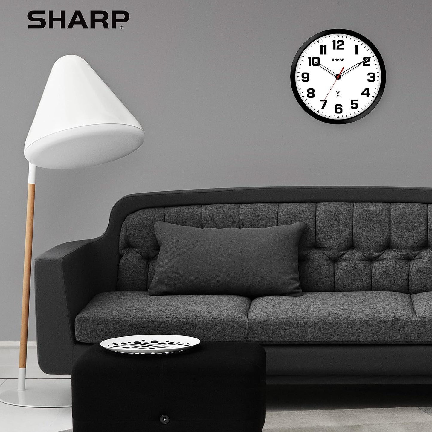 Sharp 12-Inch Atomic Wall Clock, Battery Operated, White with Black Frame | Self-setting atomic time; Easy-read analog face; Automatic time adjustment; Simple setup; Versatile home or office style