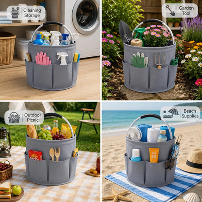 Cleaning Caddy with Handle, 17L Foldable Storage Basket, Heavy Duty 600D Oxford Cloth Organizer, Portable Supply Bag, Multi-Purpose Supplies Caddy for Home, Bathroom, Kitchen, Garden - Black