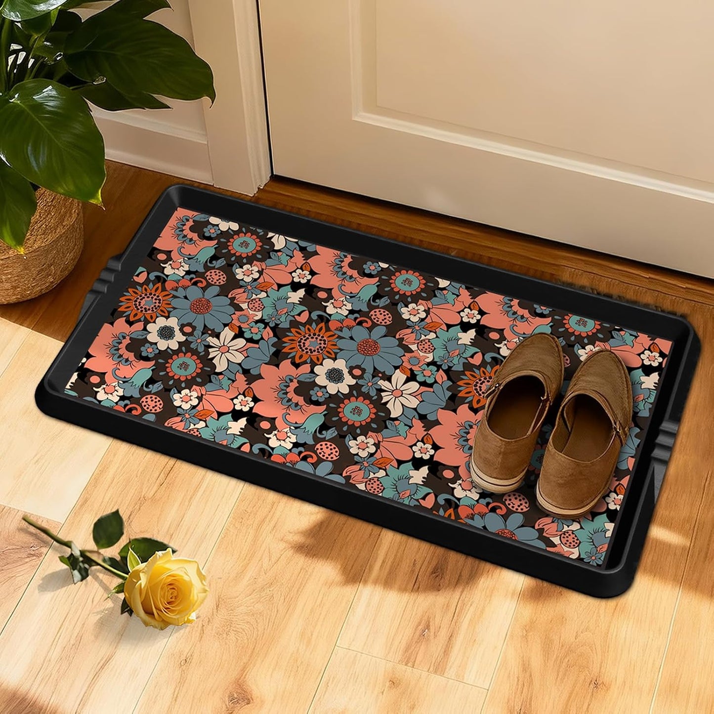 BEHERO Boot Tray Shoe Mat Decorative Patterned, Rubber Shoe Matt Tray Indoor/Outdoor Use, 16" x27.5" Shoe Cleaning Mat Non-Slip, Shoe Storage Waterproof Flower Prints for Entryway, Velvet Bloom