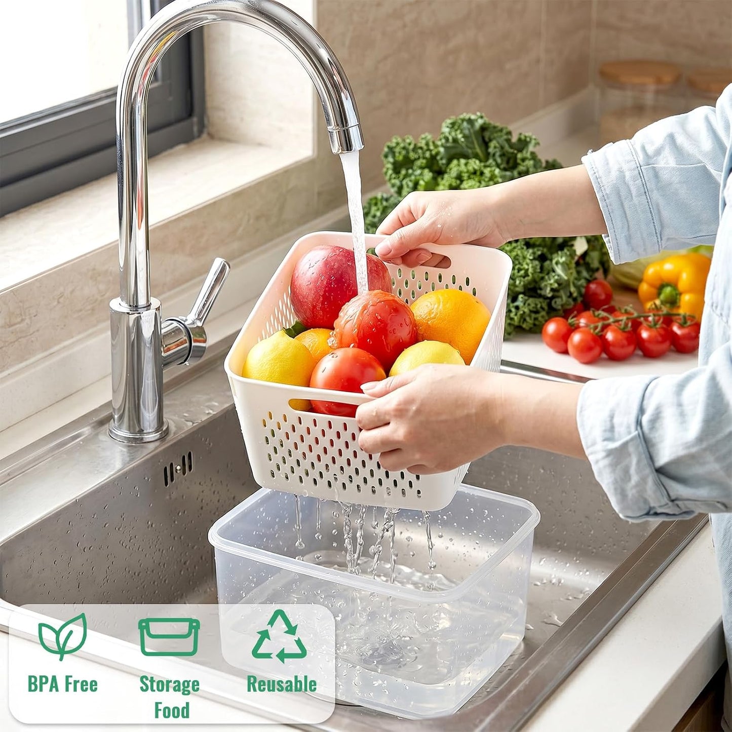 3 PCS Fruit Storage Containers for Fridge with Removable Colander | Berry Produce Storage Containers for Fridge with Strainer Lid Leakproof Containers Keep Fruits Vegetables Berry Fresh longer