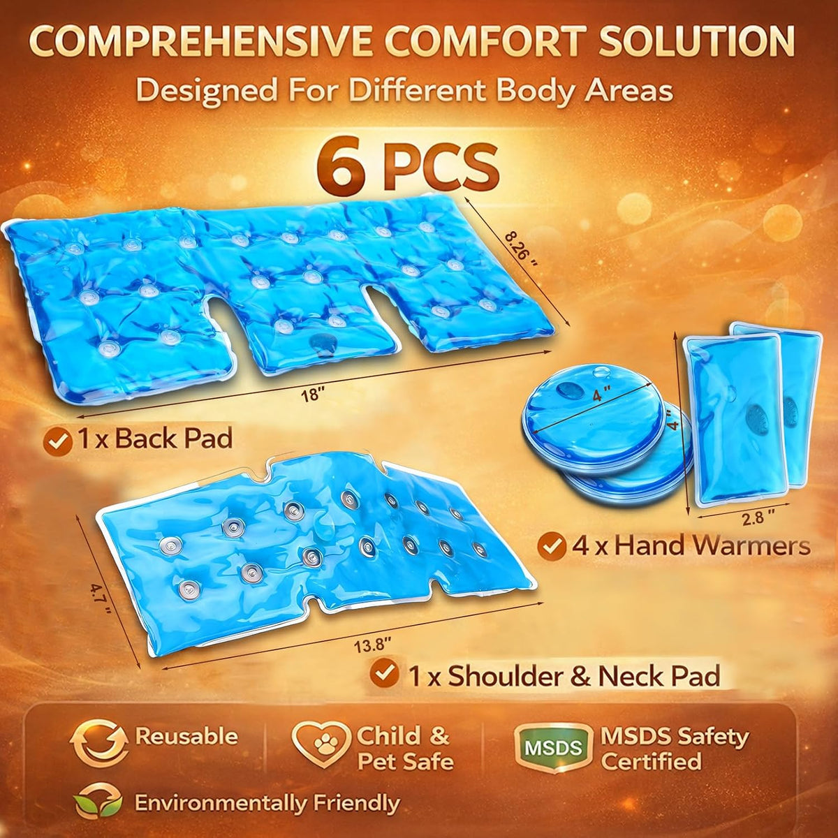 TrelaCo 6 Pcs Reusable Heat Packs Back/Shoulder/Neck/Palm Hot and Cold Gel Packs Set Instant Hot Pads for Muscle Aches, Pain Relief, Click Heat Outdoor Fall & Winter Activities