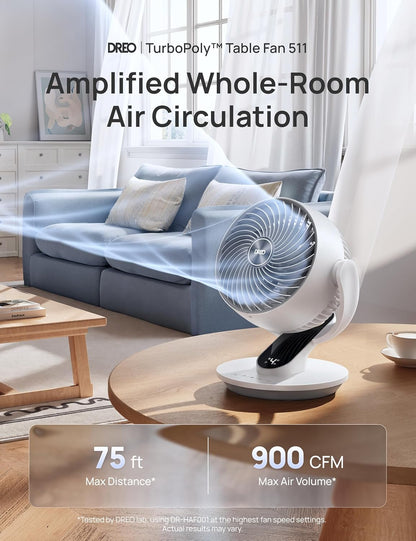 DREO Fan for Bedroom, 13-Inch Oscillating Table Air Circulator Fan for Whole Room, 120° Tilt Adjustment, 25dB Ultra-Quiet, 75ft Powerful Airflow, 4 Speeds Desk Fans with Remote for Home, Office