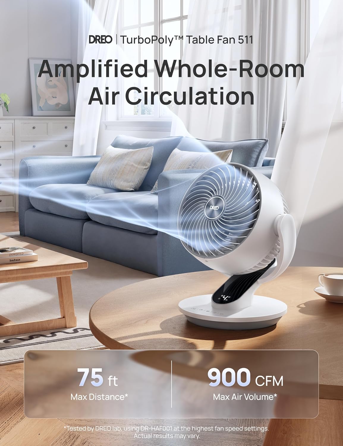 DREO Fan for Bedroom, 13-Inch Oscillating Table Air Circulator Fan for Whole Room, 120° Tilt Adjustment, 25dB Ultra-Quiet, 75ft Powerful Airflow, 4 Speeds Desk Fans with Remote for Home, Office