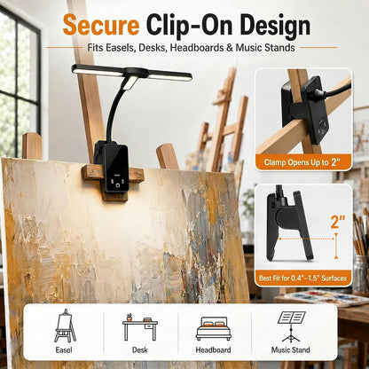 2 Pack Clip-On Easel Light, Rechargeable Artist Lamp for Painting | Flexible Arm Reading Light with 4 Color Modes & 3 Brightness, Music Stand Light, for Piano Bed Reading Desk Puzzle