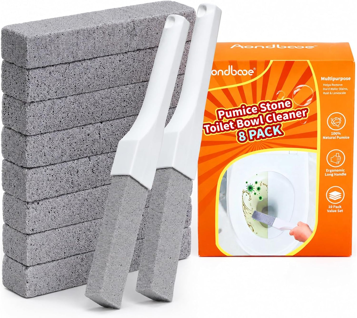 8 Pack Pumice Stone Toilet Bowl Cleaner with 2 Replaceable Long Handles | Remove Limescale, Rust & Hard Water Rings, Scratch‑Free, Natural Material, Multi‑Surface for Tub, Sink, Grill, Pool Tile