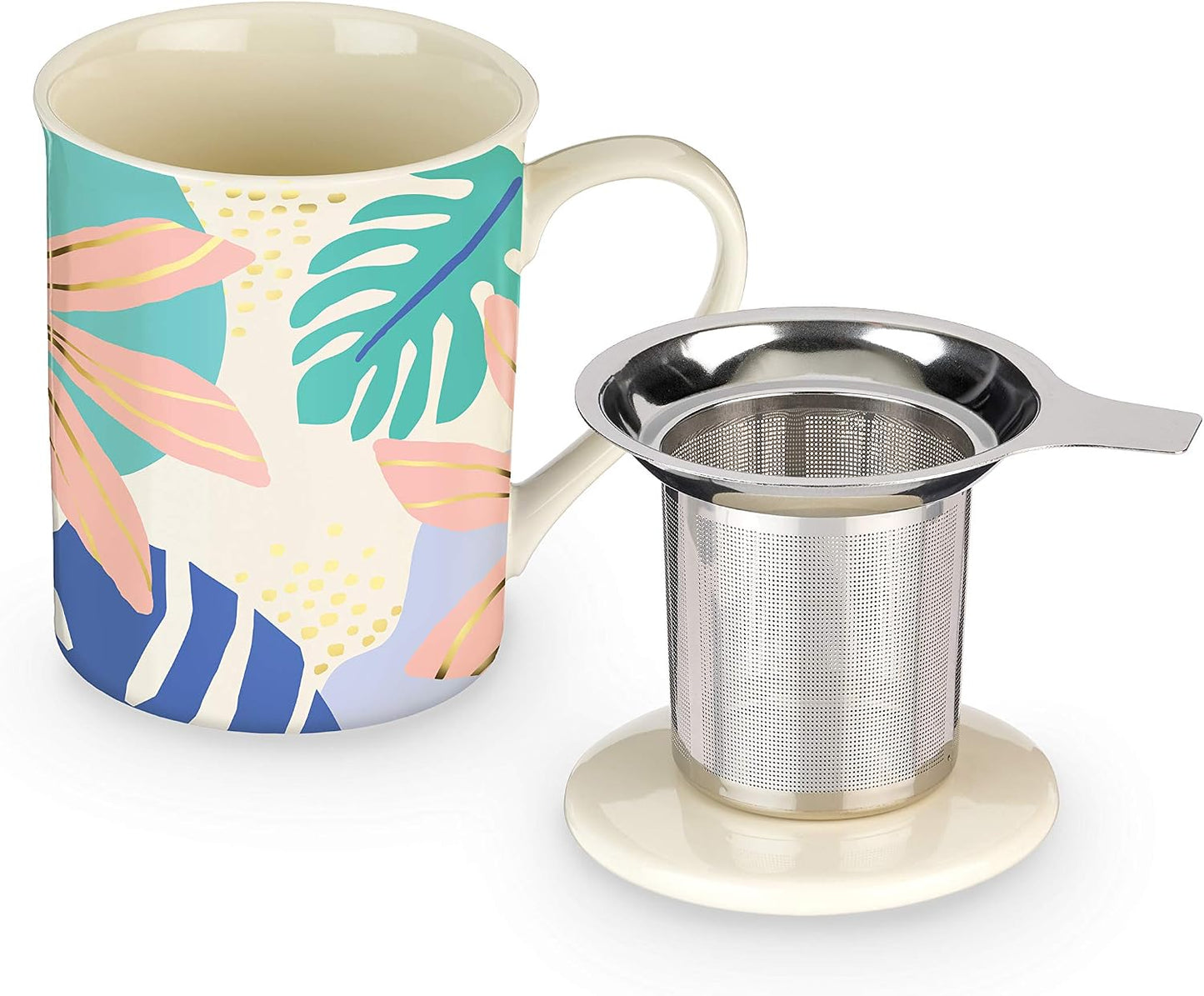 Pinky Up Annette Ceramic Tea Cup with Infuser and Lid, Travel Mug for Loose Leaf Teas, Home Office, Camping, Picnic Party, 12 oz, Set of 1, Honeycomb