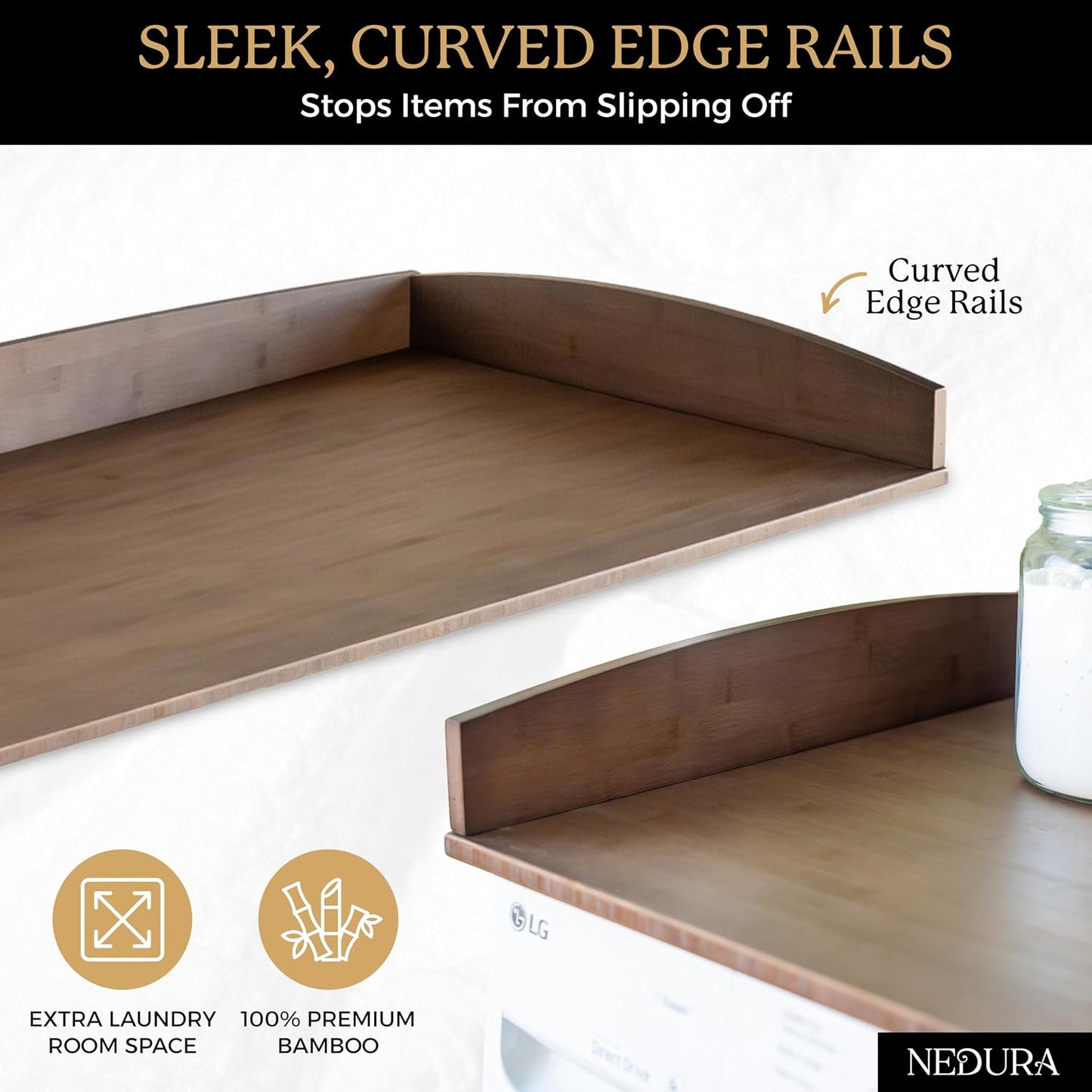 Nedura Washer Dryer Countertop with Anti-Vibration Pads, Curved Edge Rails, Premium Bamboo Laundry Countertop, Washer Dryer Topper, Laundry Room Organization, Laundry Room Accessory – Dark Walnut