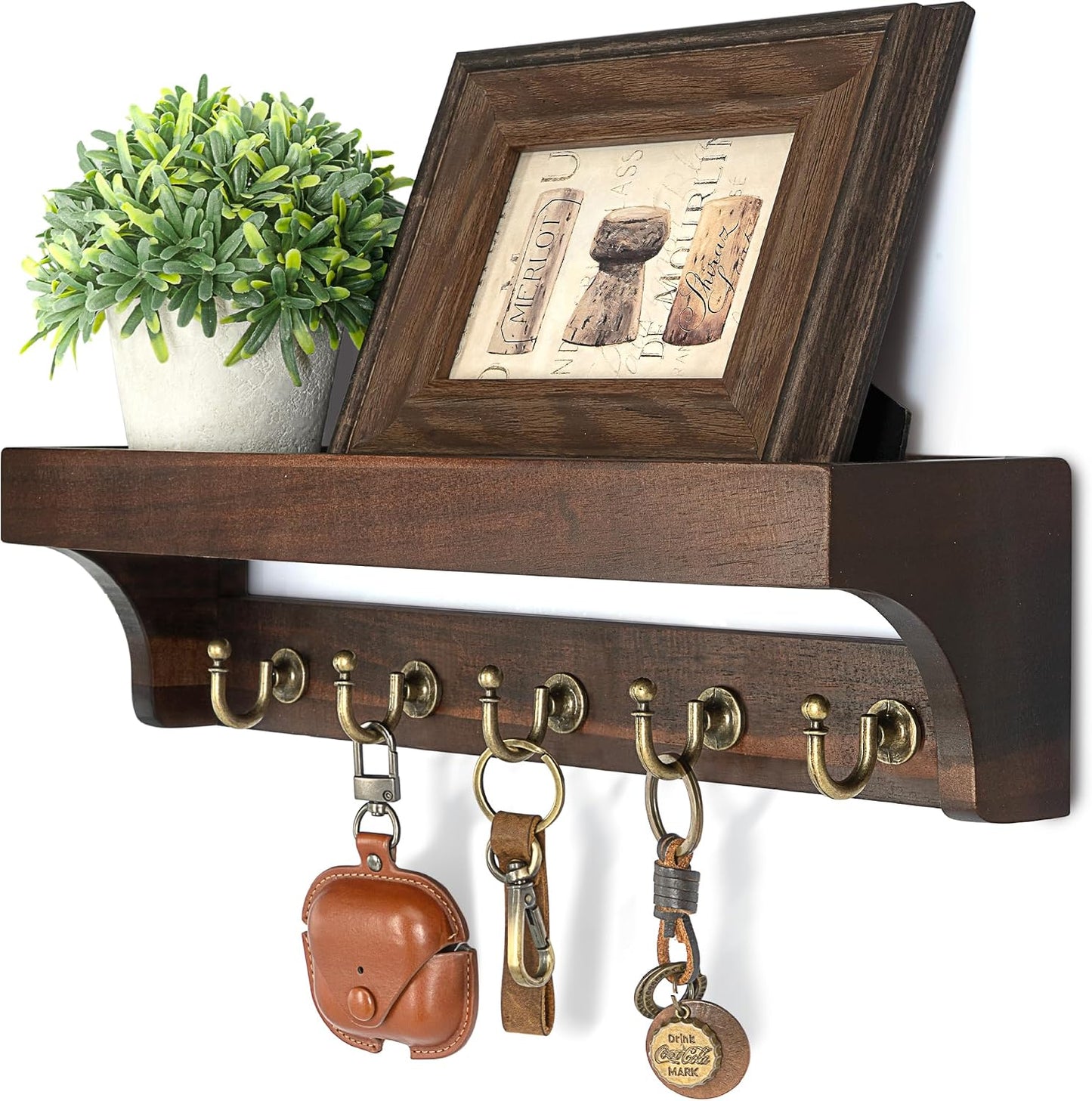 Rebee Vision Key Holder Wall Mount with 5 Hooks for Entryway, Retro Brown | Display Shelf for Plant & Letters, Key Shelf for Hats, Dog Leashes, Mail Organizer, Decorative Entryway & Living Room
