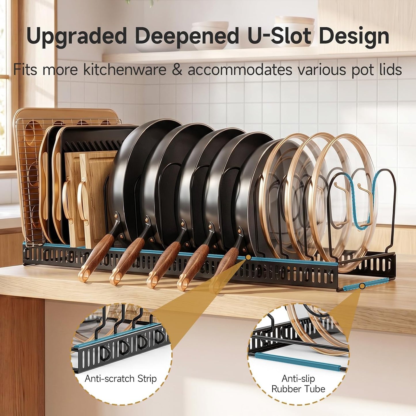 MUDEELA Pot Lid Organizer for Cabinet, Adjustable Baking Pan Rack 7 Slots | 7 Adjustable Divider, Tool-Free Assembly,Non-Slip, Scratch-Proof, Sturdy Metal Frame, For Pan Lid Cutting Board Bakeware