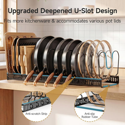 MUDEELA Pot Lid Organizer for Cabinet, Adjustable Baking Pan Rack 7 Slots | 7 Adjustable Divider, Tool-Free Assembly,Non-Slip, Scratch-Proof, Sturdy Metal Frame, For Pan Lid Cutting Board Bakeware