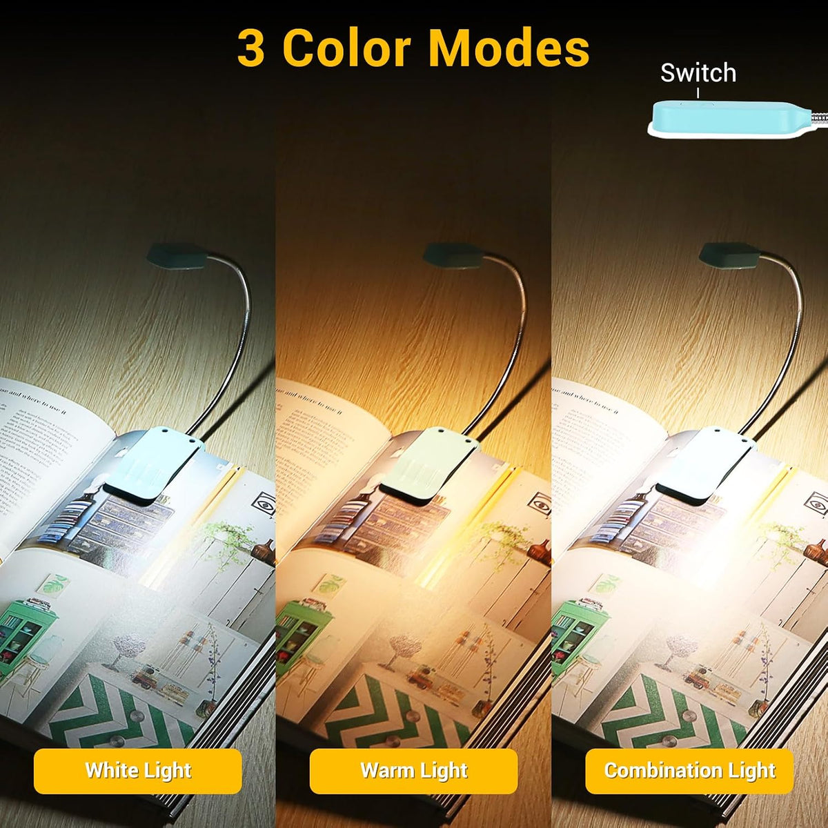2 Pack Rechargeable Book Lights for Reading in Bed, Eye-Caring Clip-On Reading Lights with 3 Color Temperatures & 3 Brightness Levels, Lightweight Book Light for Night Reading, Kids, Study