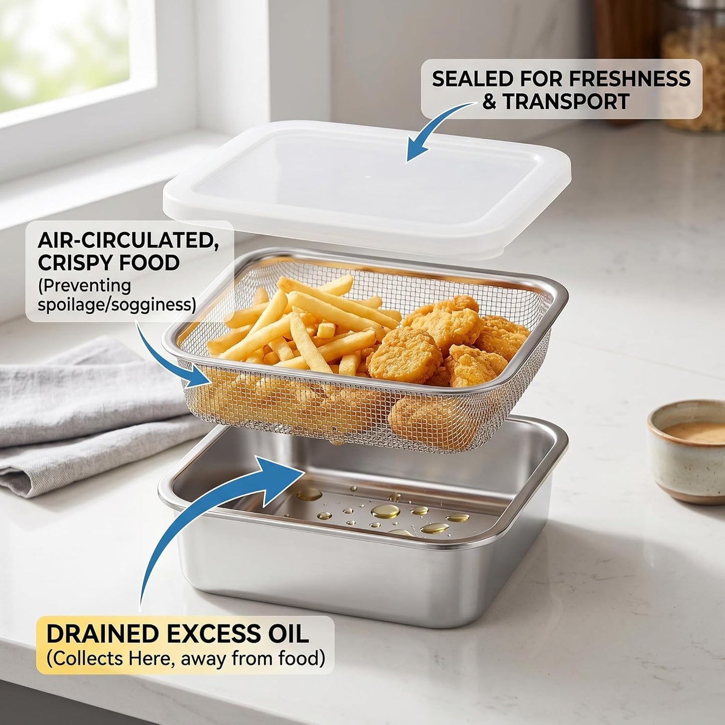 Square Strainer 3PCS/Set Fruit Storage Containers For Fridge Stainless Steel Square Strainer With Lid Lettuce Keeper Dish 1500ml
