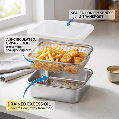 Square Strainer 3PCS/Set Fruit Storage Containers For Fridge Stainless Steel Square Strainer With Lid Lettuce Keeper Dish 1500ml