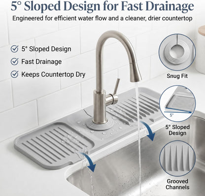 Faucet Mat for Kitchen Sink, Silicone Splash Guard, 17.7x5.5 in, Light Gray | 5° Fast-Draining Slope, Trimmable 1.5–2.6 in Center Hole