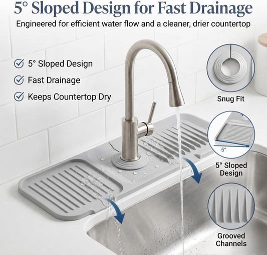 Faucet Mat for Kitchen Sink, Silicone Splash Guard, 17.7x5.5 in, Light Gray | 5° Fast-Draining Slope, Trimmable 1.5–2.6 in Center Hole