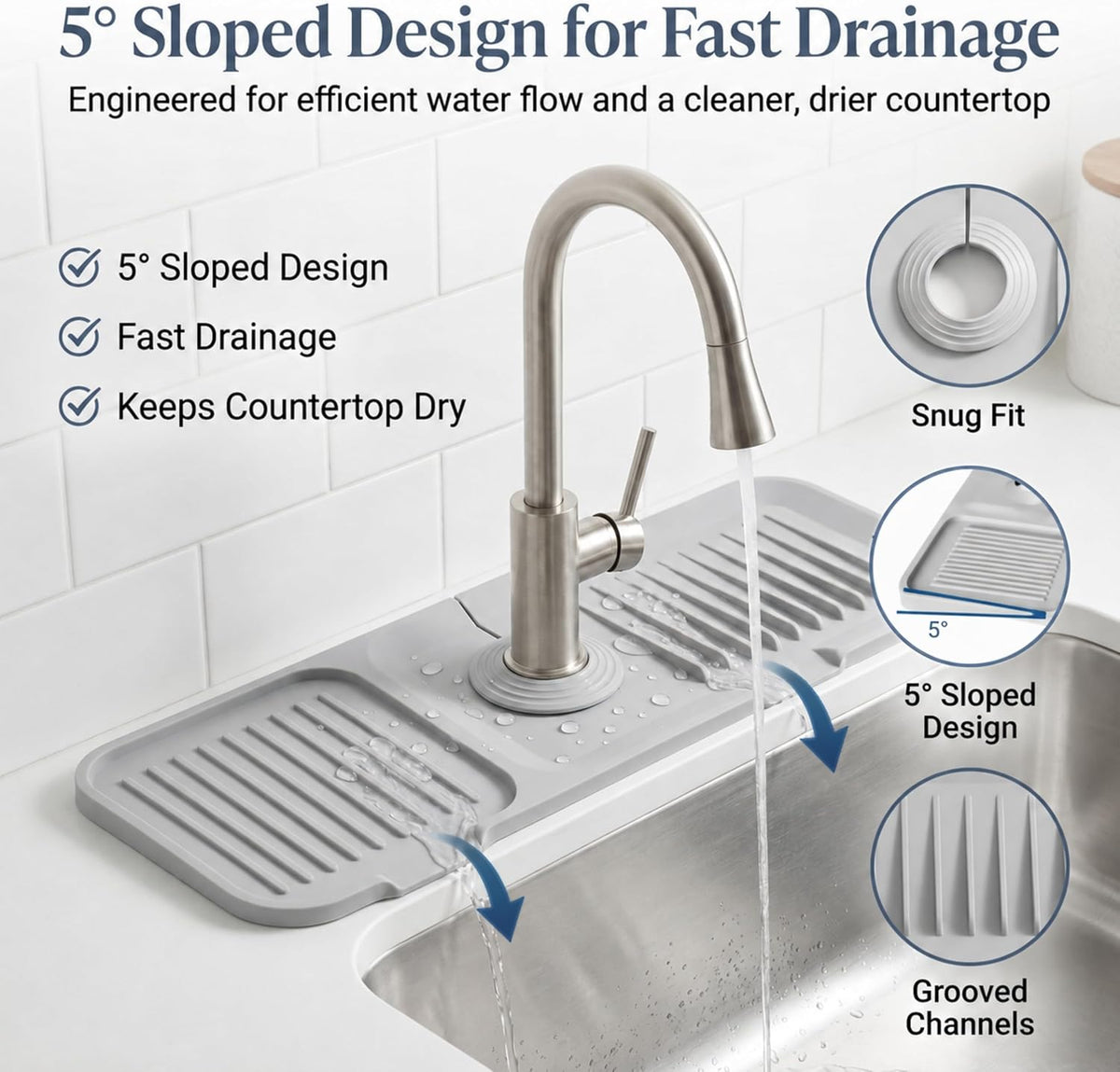Faucet Mat for Kitchen Sink, Silicone Splash Guard, 17.7x5.5 in, Light Gray