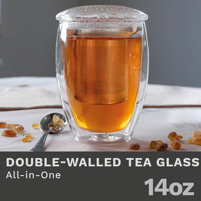 Creano Tea Glass with Infuser and Lid 400ml - Large Tea Cup - Microwave & Dishwasher Safe - Loose Leaf Tea Maker Gift Set