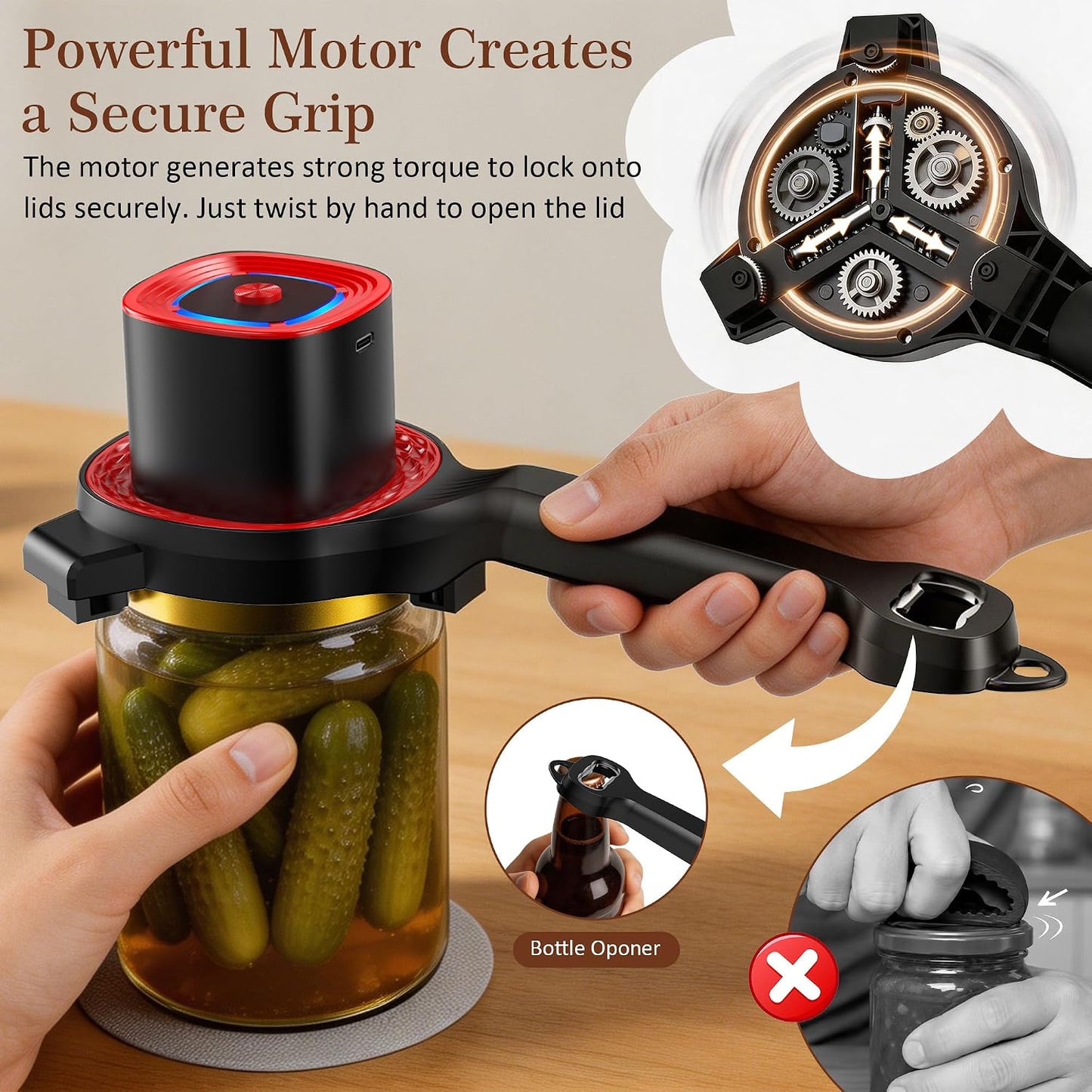 Electric Jar Opener for Seniors with Auto-Adjusting Gripper,Fit 1"-3.5" Cap | Rechargeable Jar & Bottle Openers for Weak Hands and Arthritis, Easy Twist Off Lid Opener with Rubber Gripper Pad，Red