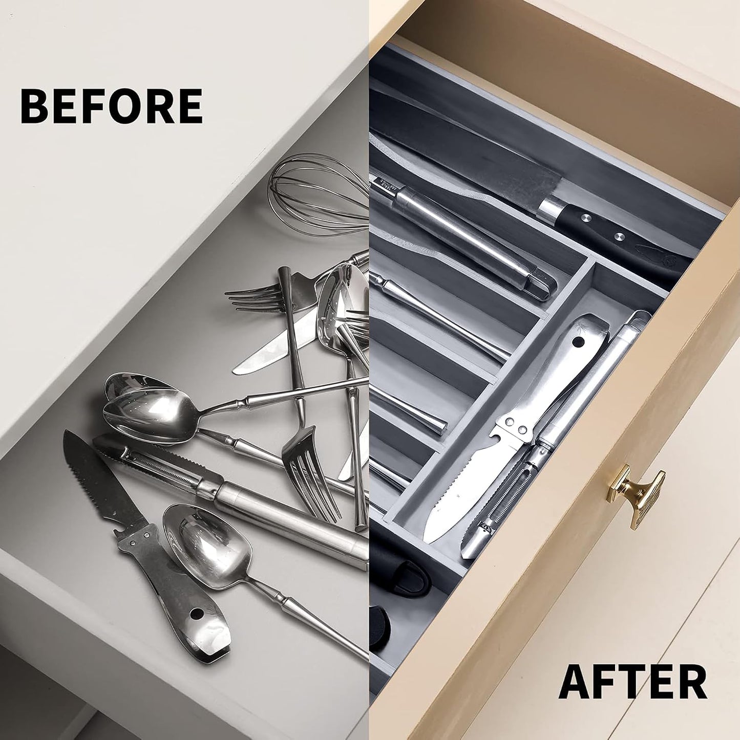 Expandable Bamboo Kitchen Drawer Organizer for Cutlery and Utensils, Adjustable Bamboo Wood Cutlery Tray in Drawer for Flatware and Silverware in Kitchen, (Natural)