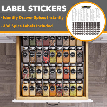 SpaceAid Spice Drawer Organizer with 28 Spice Jars, 386 Spice Labels, 4 Tier Seasoning Rack Tray Insert for Kitchen Drawers, 13" Wide x 17.5" Deep
