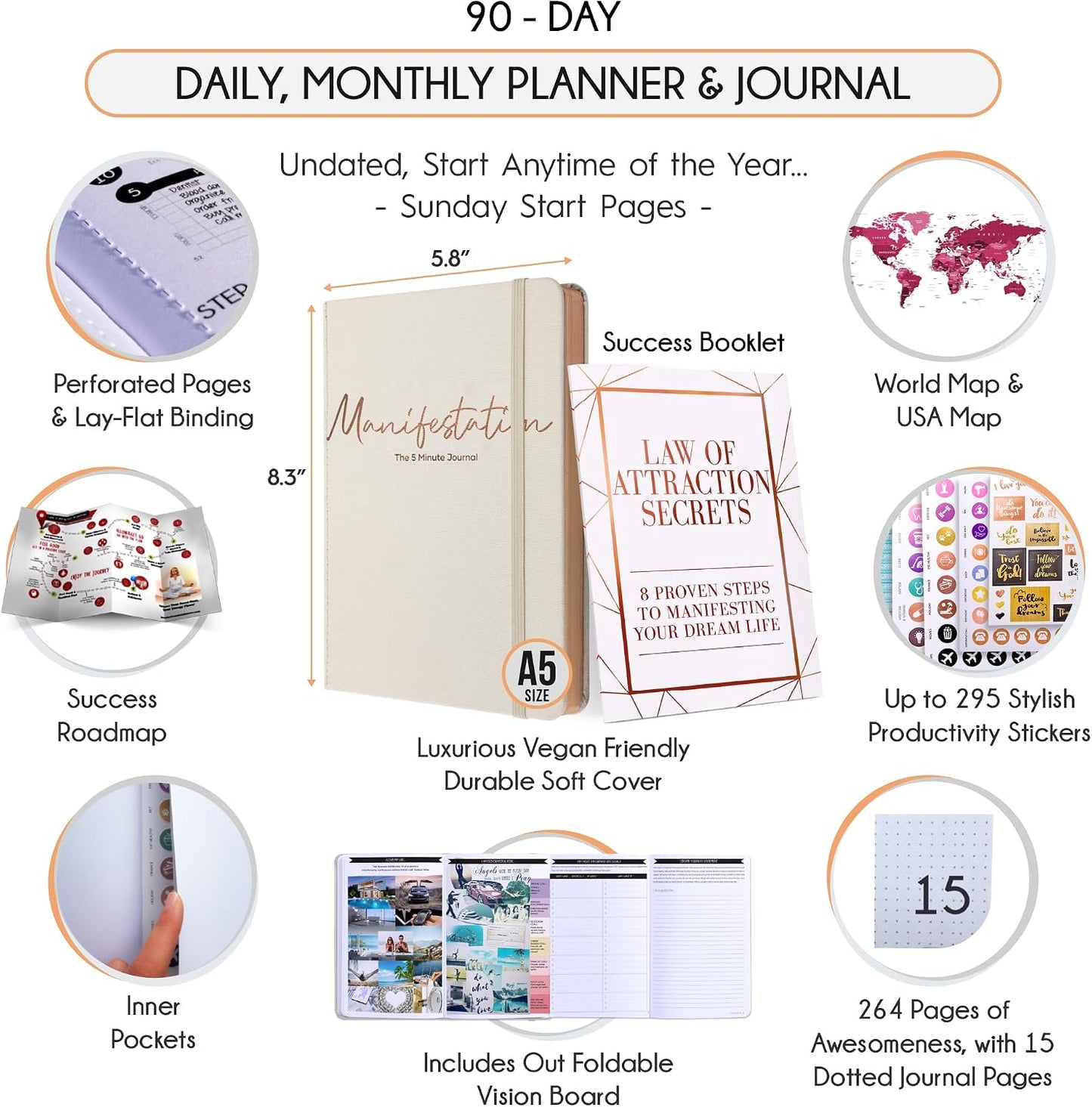 Freedom Mastery Daily Journal of Gratitude, Productivity & Habit Tracker | Undated 90-Day Planner with Daily Reflection, Mindfulness, Positivity, Vision Board & Stickers, Gratitude Journal for Women