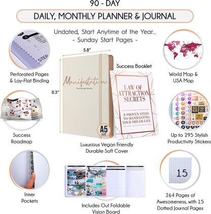 Freedom Mastery Daily Journal of Gratitude, Productivity & Habit Tracker | Undated 90-Day Planner with Daily Reflection, Mindfulness, Positivity, Vision Board & Stickers, Gratitude Journal for Women