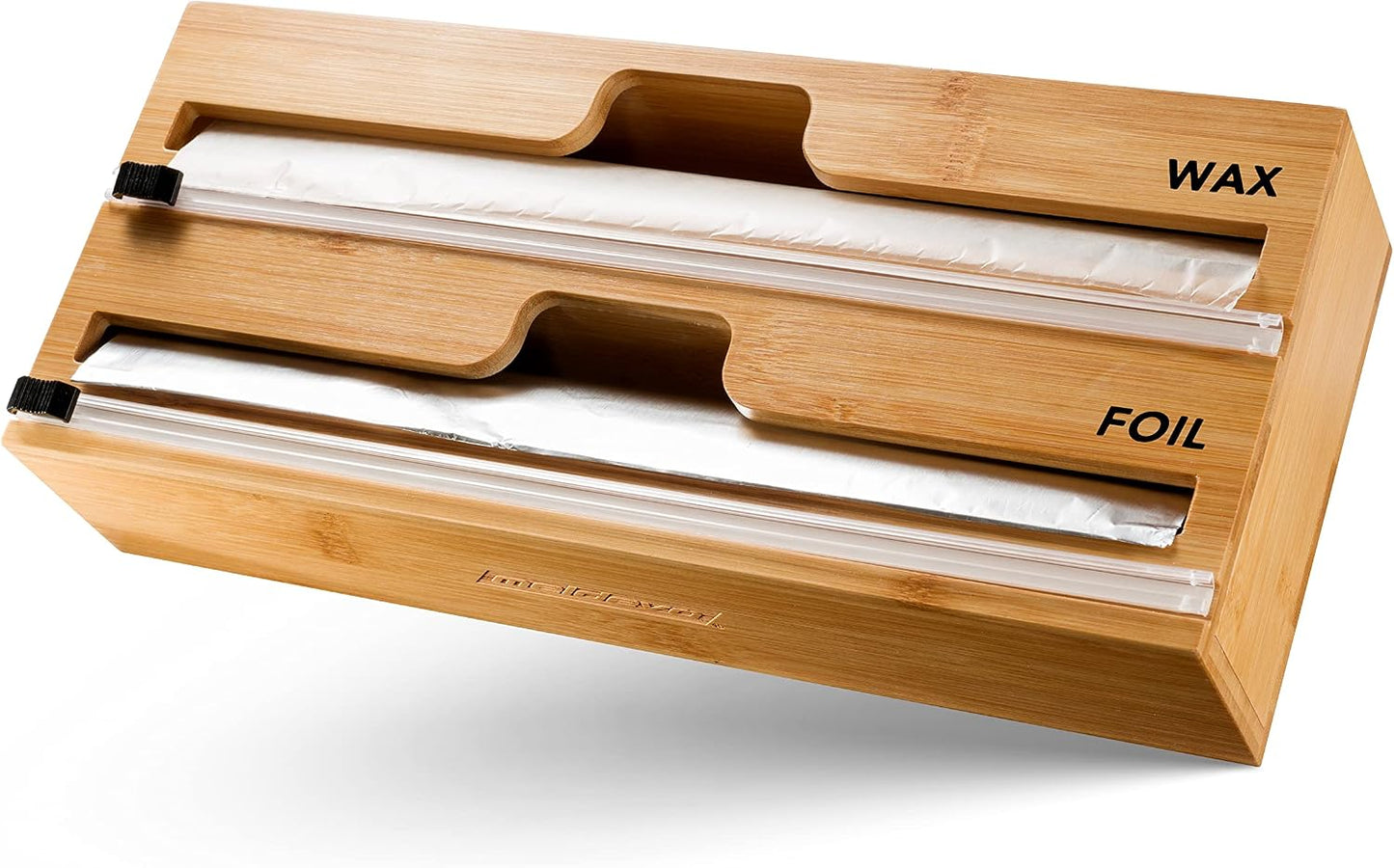 2 in 1 Wrap Dispenser with Cutter and Labels, Plastic Wrap, Aluminum Foil and Wax Paper Dispenser for Kitchen Drawer, Bamboo Roll Organizer Holder, Compatible with 12" Roll