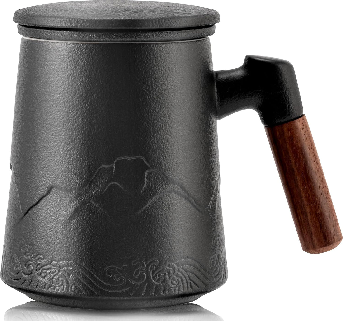 suyika Tea Cup with Infuser and Lid, 15.2 Ounce Wood Handle Ceramic Loose Leaf Mug Gradient Black&Green 450ml