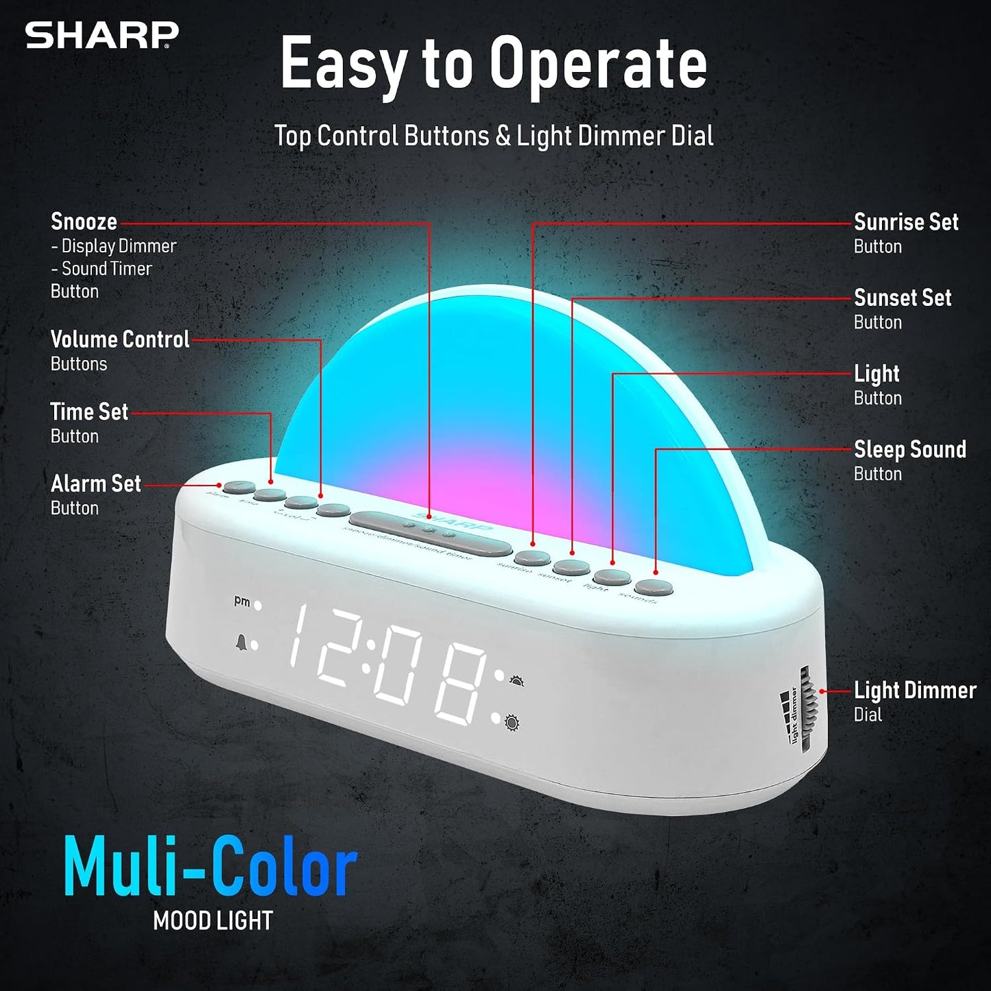 SHARP Sunrise Alarm Clock with Wake-Up Light, Sleep Sounds and Night Light | Sunrise wake light; Sunset sleep timer; 5 sleep sounds; 8-color night light; Dimmer; Snooze; Battery backup