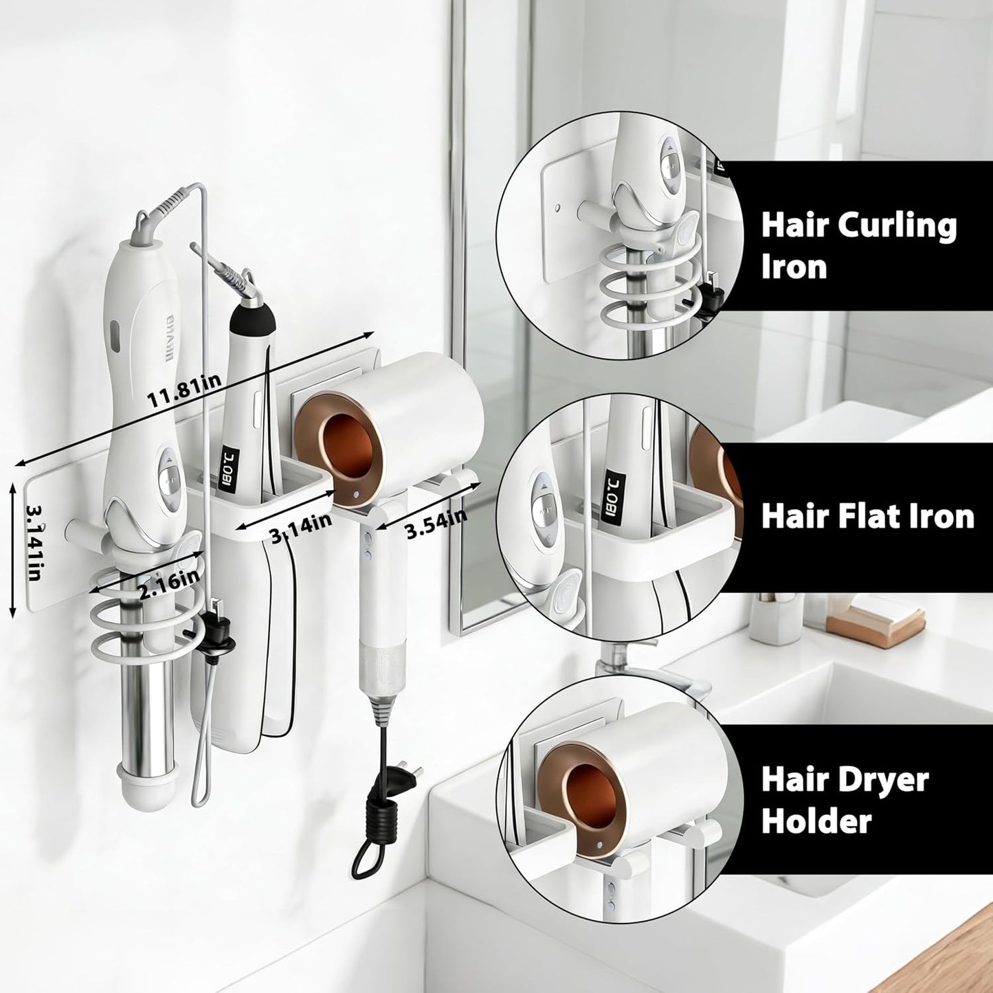 Hair Dryer Holder Hair Tool Organizer Metal Wall Mount (Gold) | Heat Resistant Hair Tool Organizer, Metal Wall Mount Storage, Bathroom Counter Space Saver, Blow Dryer Holder