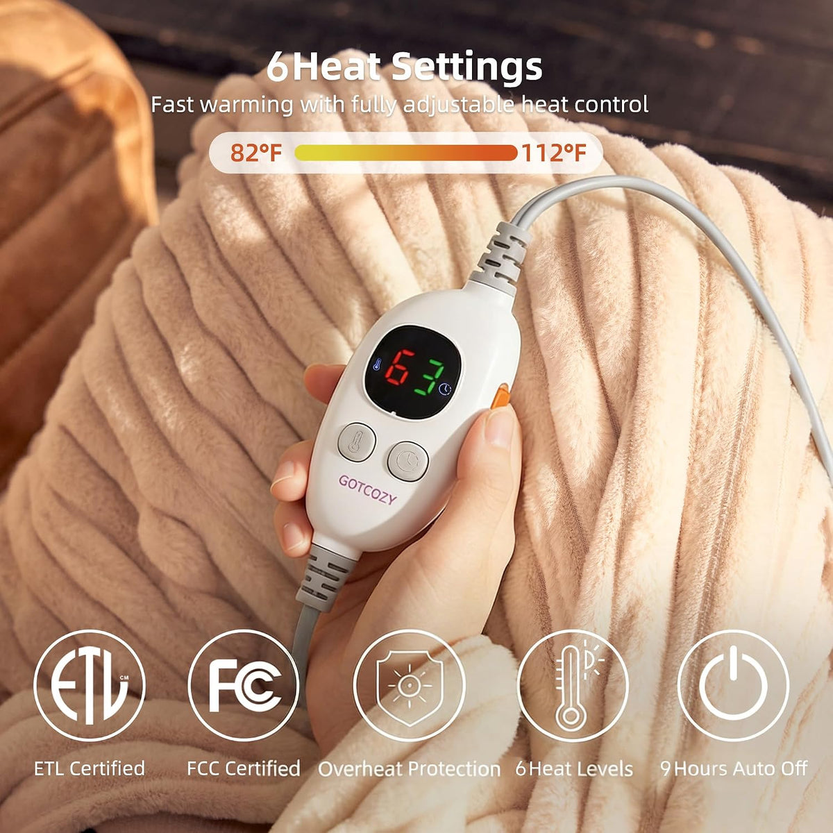 GOTCOZY Heated Blanket-Soft Plush Electric Blanket 50"X60"(Grey)