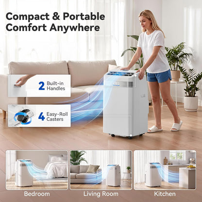 14000BTU Portable Air Conditioner, 4-in-1 700 Sq. Ft, Quiet for room | 14000BTU AC cools 700sq.ft, 4-in-1 cool/fan/dry/sleep, quiet, LED, remote, 24H timer, kit, for bed/office/dorm.