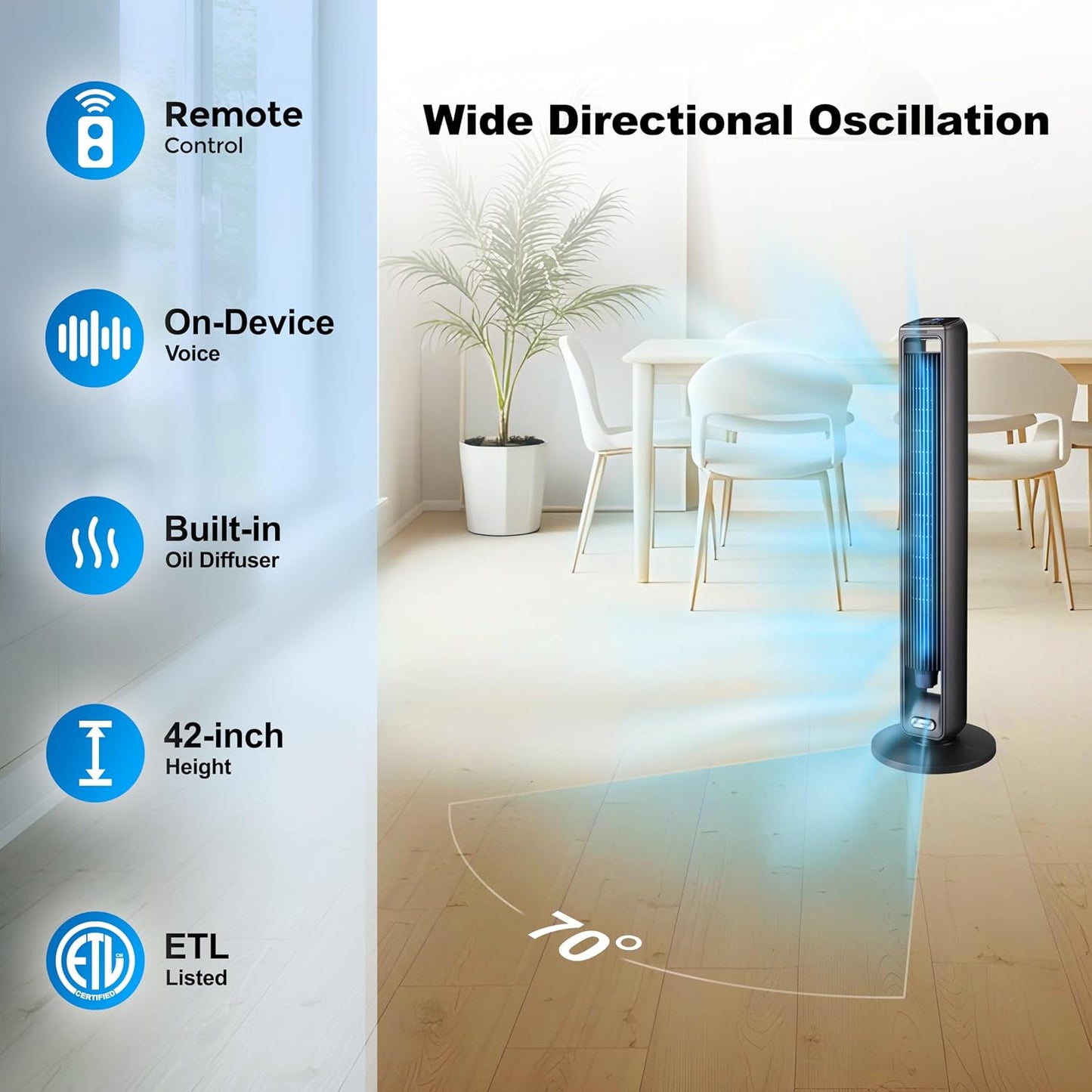 Emerson SmartVoice 40” Tower Fan, Wi-Fi-free Voice Control Fan, Hands-Free Cooling, No WiFi, No App, 70° Oscillation, 3 Speeds, 15-Hr Timer, Sleep Mode & Remote Control