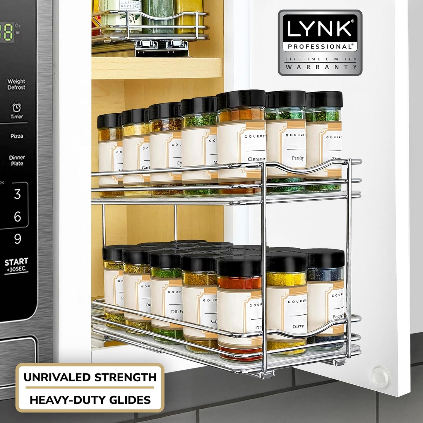 LYNK PROFESSIONAL® Pull Out Spice Organization for Cabinets - 4-3/8 inch Wide – Spice Rack for Inside Cabinets, Slide Out Spice Rack Organizer for cabinet – Pull Out Spice Rack, Sliding 2 Tier Chrome
