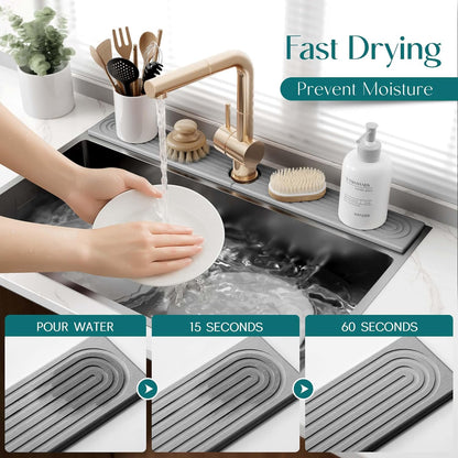 Stone Faucet Mat for Kitchen Sink – Diatomite Drying Stone Mat & Sink Protector, Prevents Moisture – Sink Splash Guard Water-Absorbing Stone Tray for Bathroom Counter (Light Grey, 20" x 3.9")