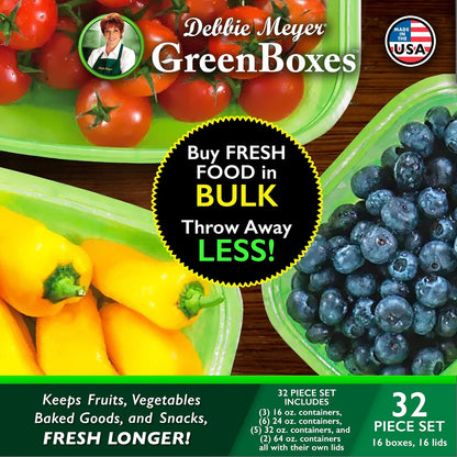 UltraLite GreenBox, Reusable Food Storage Containers with Lids | 32 Piece Set, BPA-Free Airtight Storage, FoodFresh Technology, Keeps Produce and Baked Goods Fresh Longer, Made in the USA