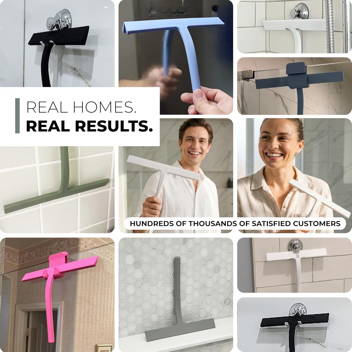 Silicone Shower Squeegee with 3-in-1 No-Drill Mount, Black, 9'' | Squeegee for Glass Doors & Mirrors with Stainless Steel Core, Streak-Free & No-Squeak Window Cleaning, Hook/Suction/Adhesive