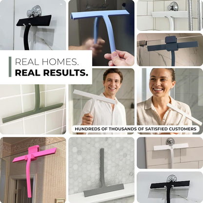 Silicone Shower Squeegee with 3-in-1 No-Drill Mount, Black, 9'' | Squeegee for Glass Doors & Mirrors with Stainless Steel Core, Streak-Free & No-Squeak Window Cleaning, Hook/Suction/Adhesive