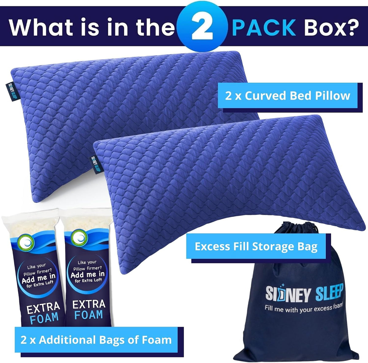 Sidney Sleep Adjustable Curved Pillows for Neck and Shoulder Support with Extra Shredded Fill - Cervical Contour Pillow for Side and Back Sleepers - Queen Size 19" x 29" CertiPUR-US Certified (White)