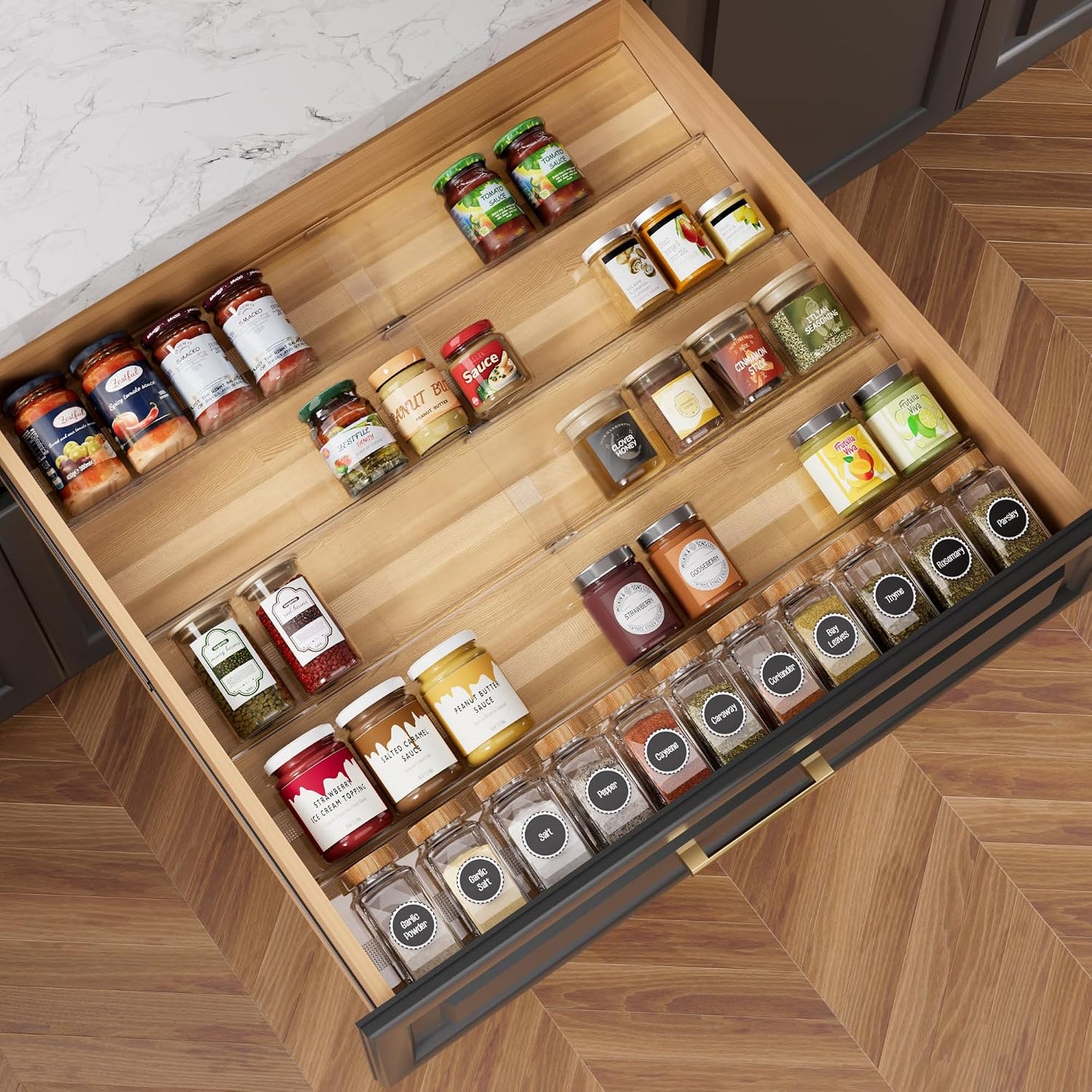 8-Pack Spice Drawer Organizer, Expandable Acrylic Seasoning Rack (13" to 26") with Anti-Slip Mat, Kitchen Spice Rack Holds up to 56 Jars (Jars Not Included)