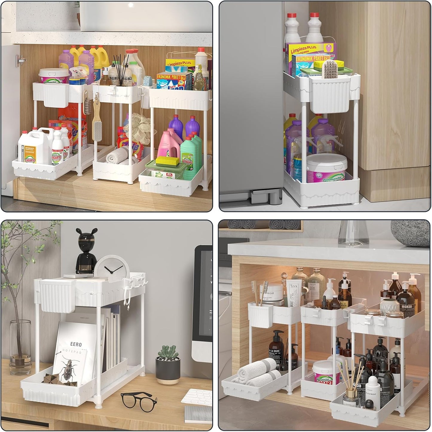 3-Pack 2-Tier Under Sink Organizers with Sliding Drawers | Multi-use kitchen & bathroom storage, 12.8 inch black cabinet organizer, space-saving sliding drawer design.