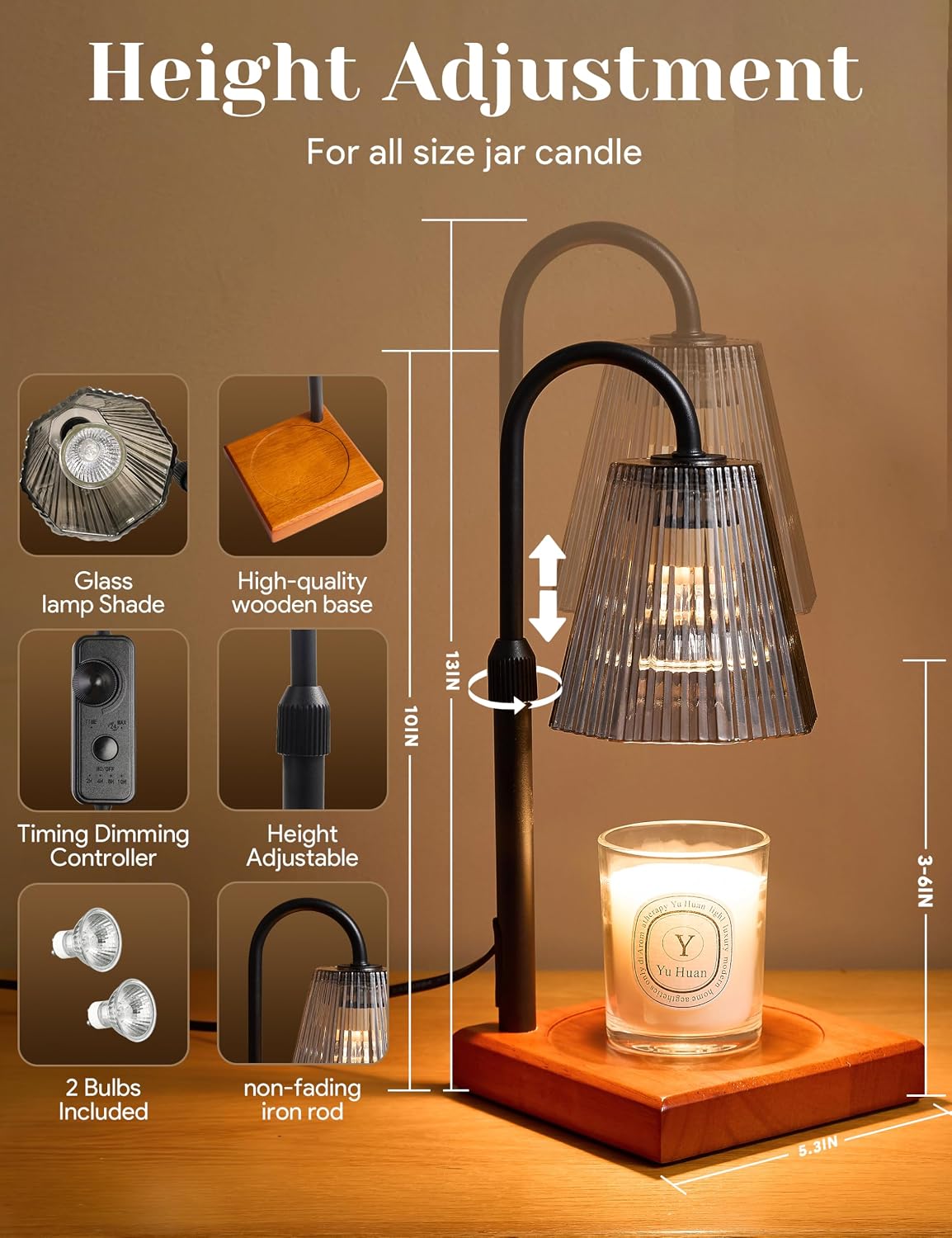 Candle Warmer Lamp Gold, Home Decor, Brithday Gifts for Women Mom | Stepless Brightness Adjustment, 24-Hr Cycle Timer, Adjustable Height for Candles, Includes 2 Bulbs, for Bedroom Living Room