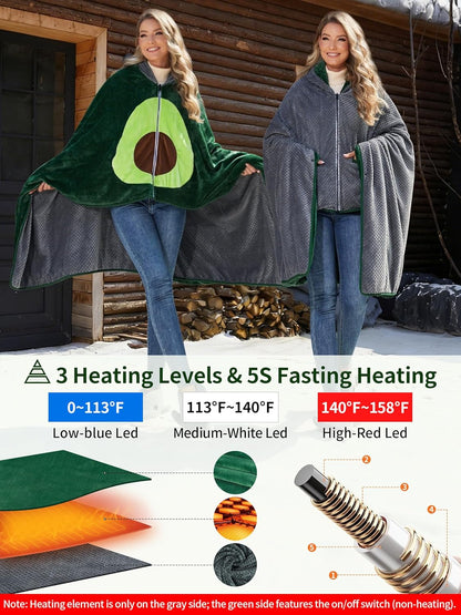 PETREL Wearable Heated Shawl Poncho Blanket,3 Heat Sets | Cordless Heated Throw Blanket,Battery Operated, Sherpa Lining Portable Electric Wrap Hoodie for Car,Indoor,Camping,Picnic