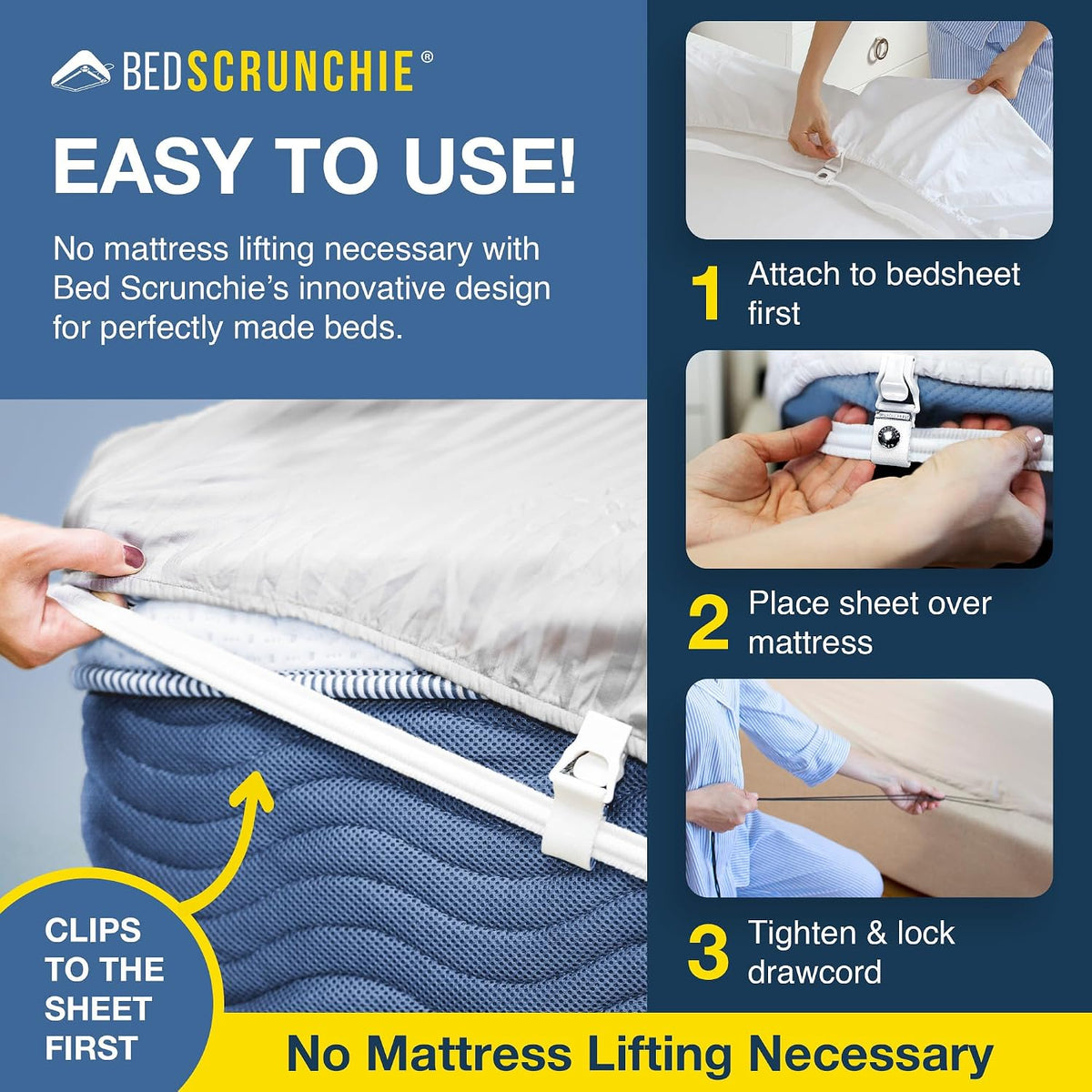 BED SCRUNCHIE Sheet Holder Straps - Heavy Duty Gripper Clips - Strengthened Parachute Cord - 360 Degree Bed Sheet Tightener - Strongest and Effective Extender - Fits All Mattress Sizes