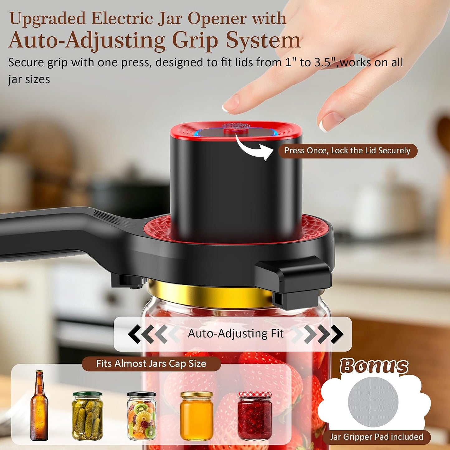 Electric Jar Opener for Seniors with Auto-Adjusting Gripper,Fit 1"-3.5" Cap | Rechargeable Jar & Bottle Openers for Weak Hands and Arthritis, Easy Twist Off Lid Opener with Rubber Gripper Pad，Red