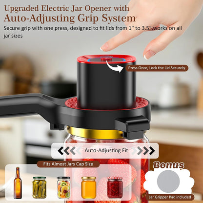 Electric Jar Opener for Seniors with Auto-Adjusting Gripper,Fit 1"-3.5" Cap | Rechargeable Jar & Bottle Openers for Weak Hands and Arthritis, Easy Twist Off Lid Opener with Rubber Gripper Pad，Red