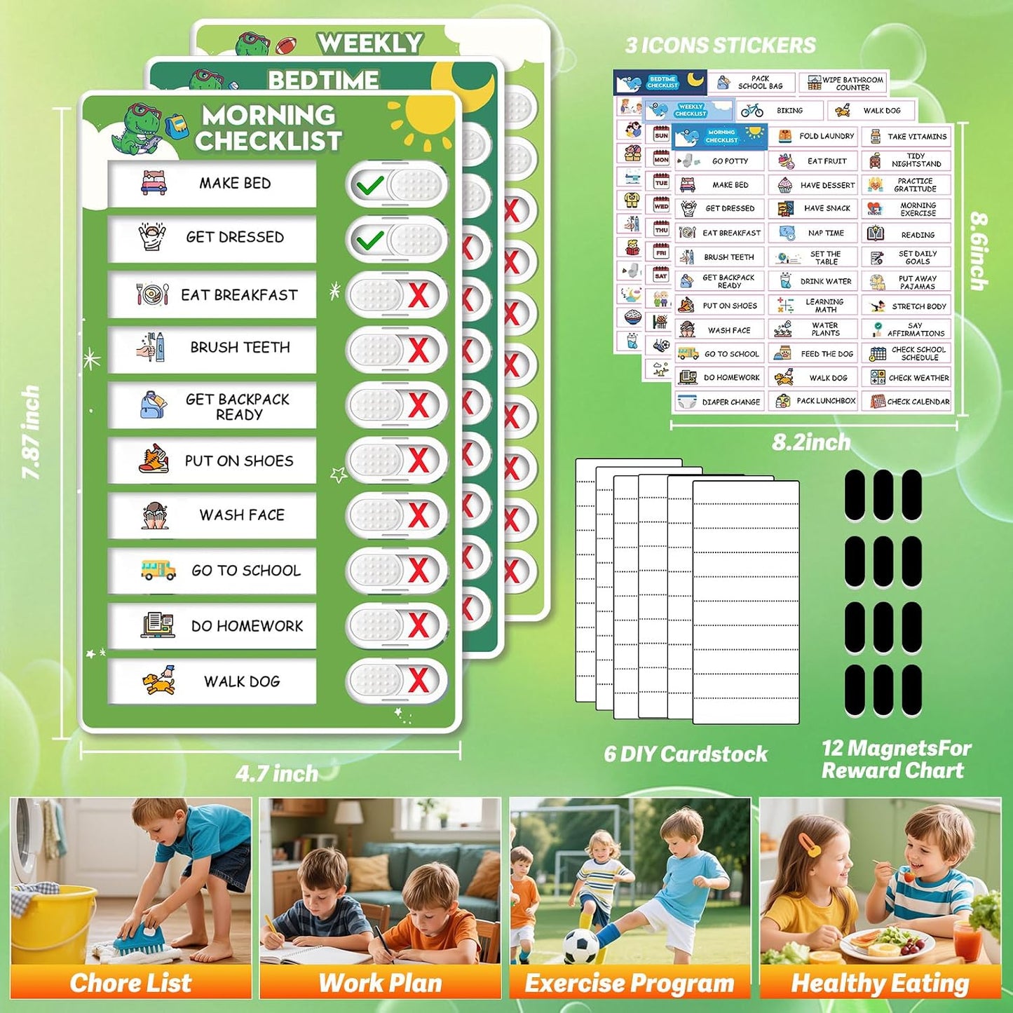Upgraded Slider 3 in 1 Bedtime/Morning/Weekly Routine Chart for Kids, Magnetic Chore Chart for Kids with 99 Stickers, Cute Visual Schedule for Kid