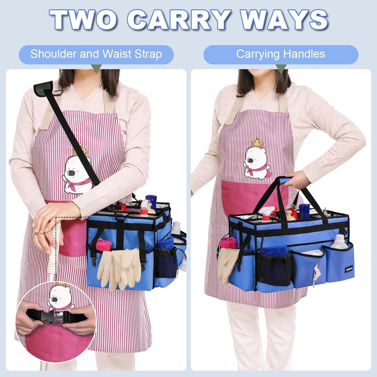 Extra Large Cleaning Caddy Bag with Built-In Support Board, Cleaning Tote Organizer with Removable Divider, Supply Carryall with Adjustable Shoulder Strap and Waist Belt for Cleaners & Housekeeper