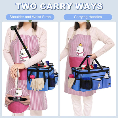 Extra Large Cleaning Caddy Bag with Built-In Support Board, Cleaning Tote Organizer with Removable Divider, Supply Carryall with Adjustable Shoulder Strap and Waist Belt for Cleaners & Housekeeper